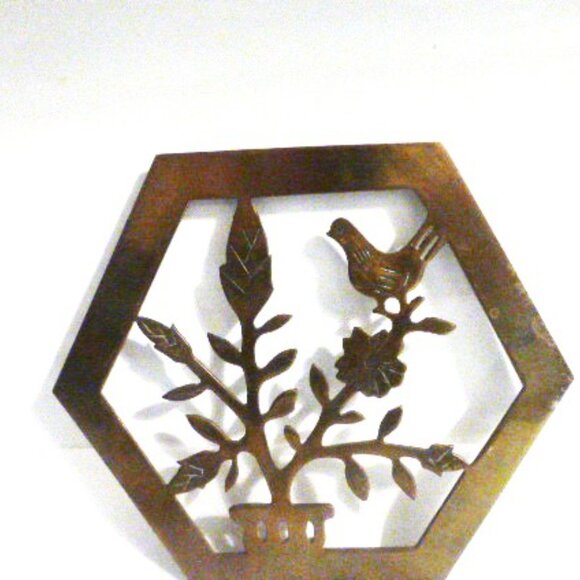Oriental Brass TRIVET Bonsai Tree Bird Countertop Heat Resistant Stove - Picture 1 of 4